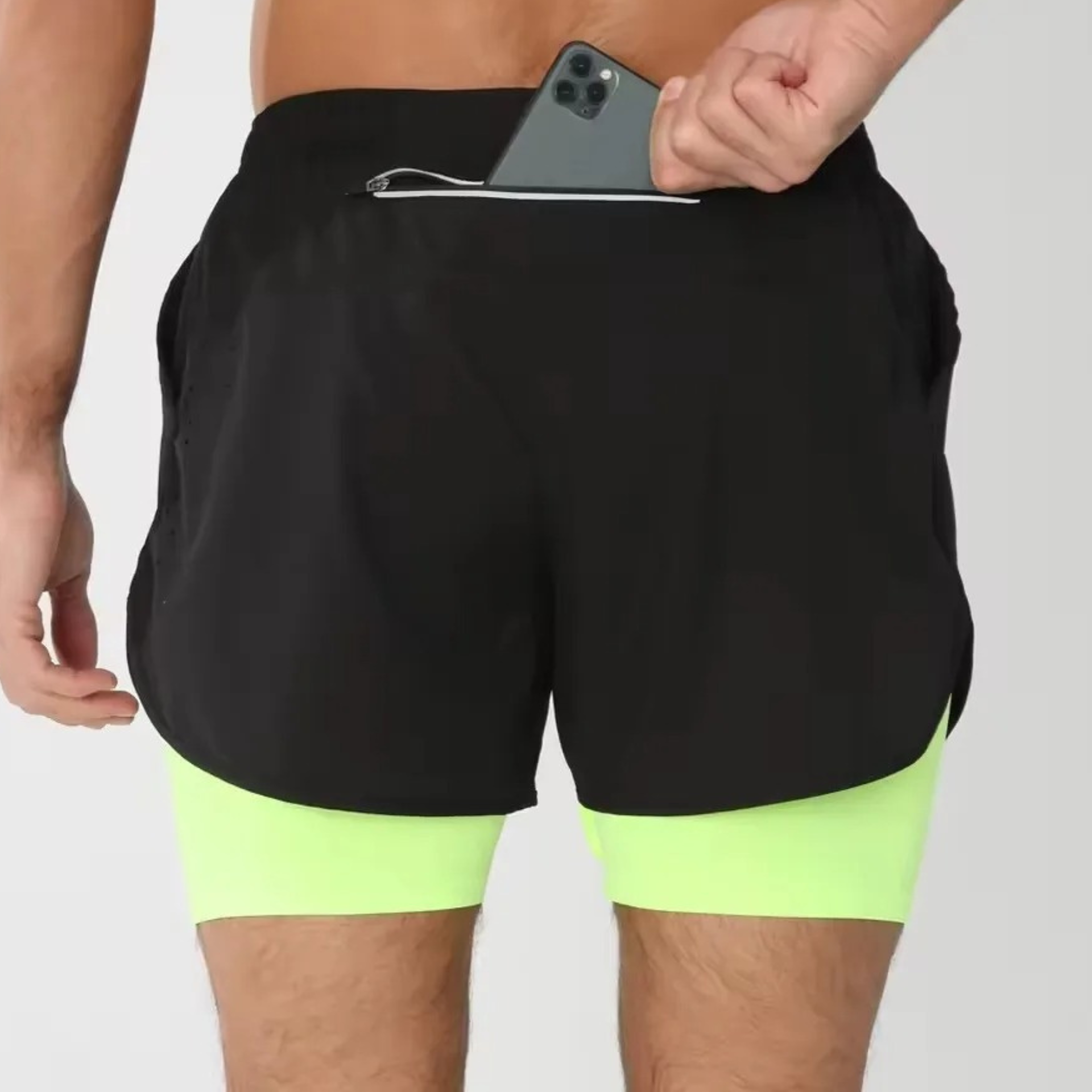 Black & Light Green Men's Quick-Dry Double-Layer Shorts