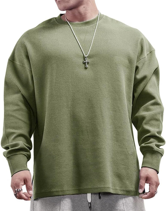 Men’s Long Sleeve Waffle Sweatshirt Loose Fit Pullover