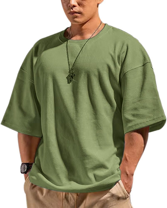 Men’s Short Sleeve Waffle Sweatshirt Loose Fit Pullover